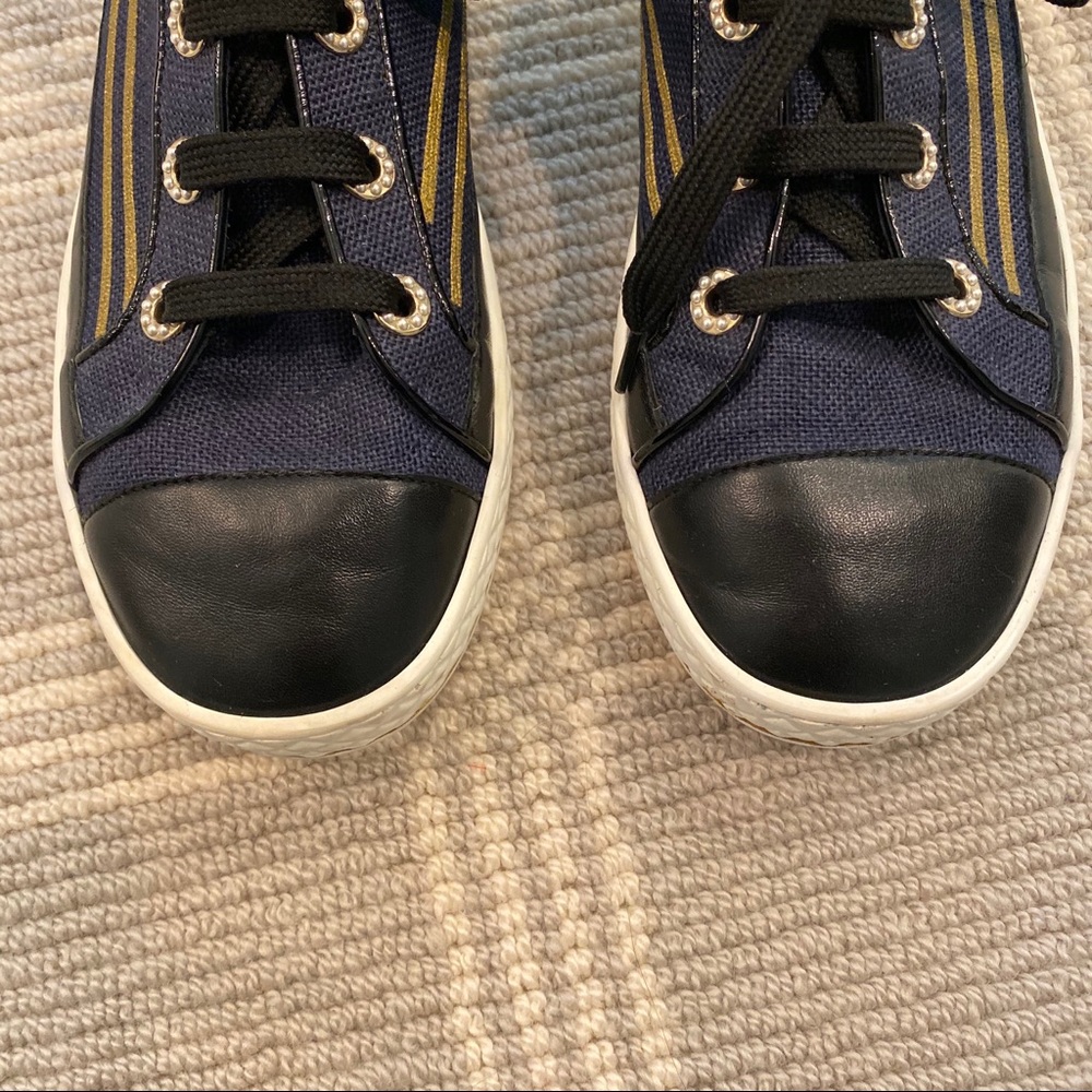 Chanel Navy High Top Sneakers With Gold Stripe - Picture 4 of 10
